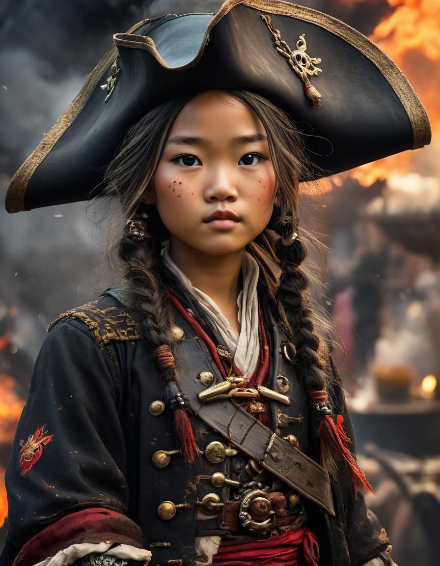 Pirate Girl in Fiery Landscape: Digital Ink Masterpiece