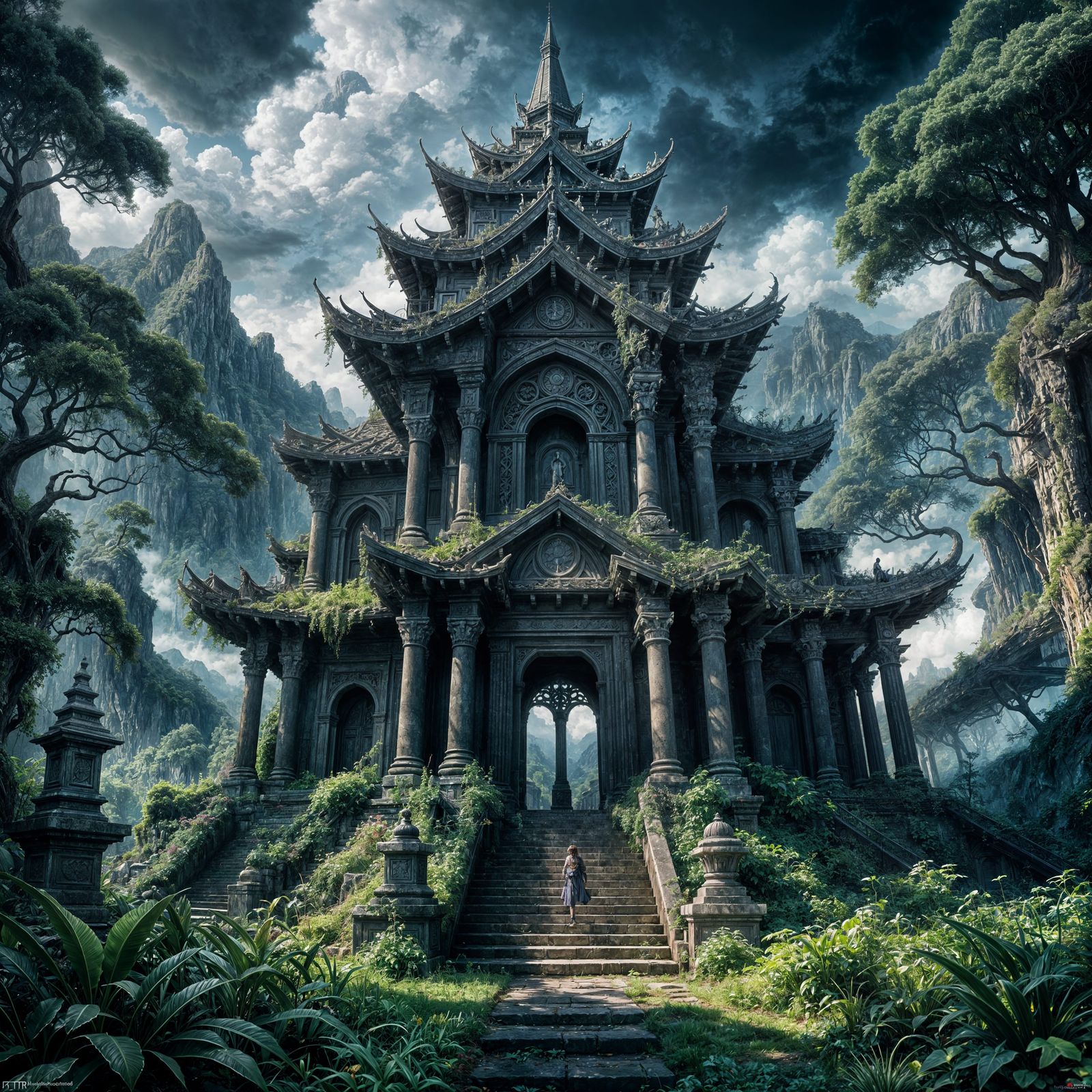 Overgrown Mountain Temple in Dark Fantasy Style