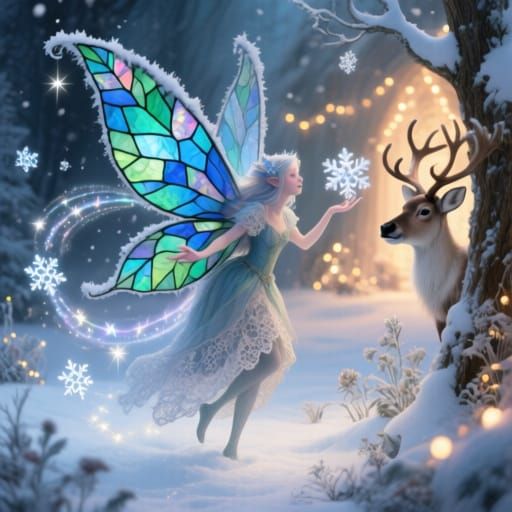 Winter Fairy with Frosted Leaf Wings in Enchanting Snowscape