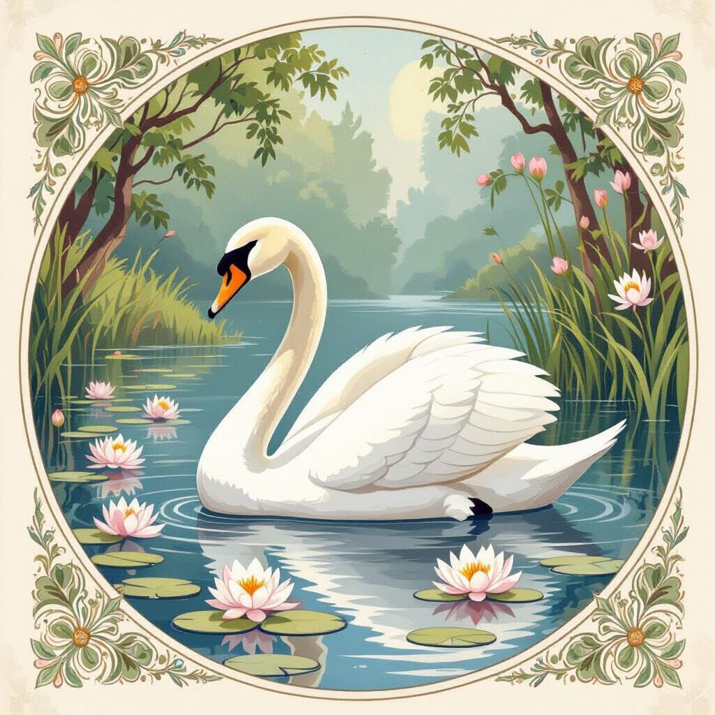 Swan on Lake in Watercolor Style