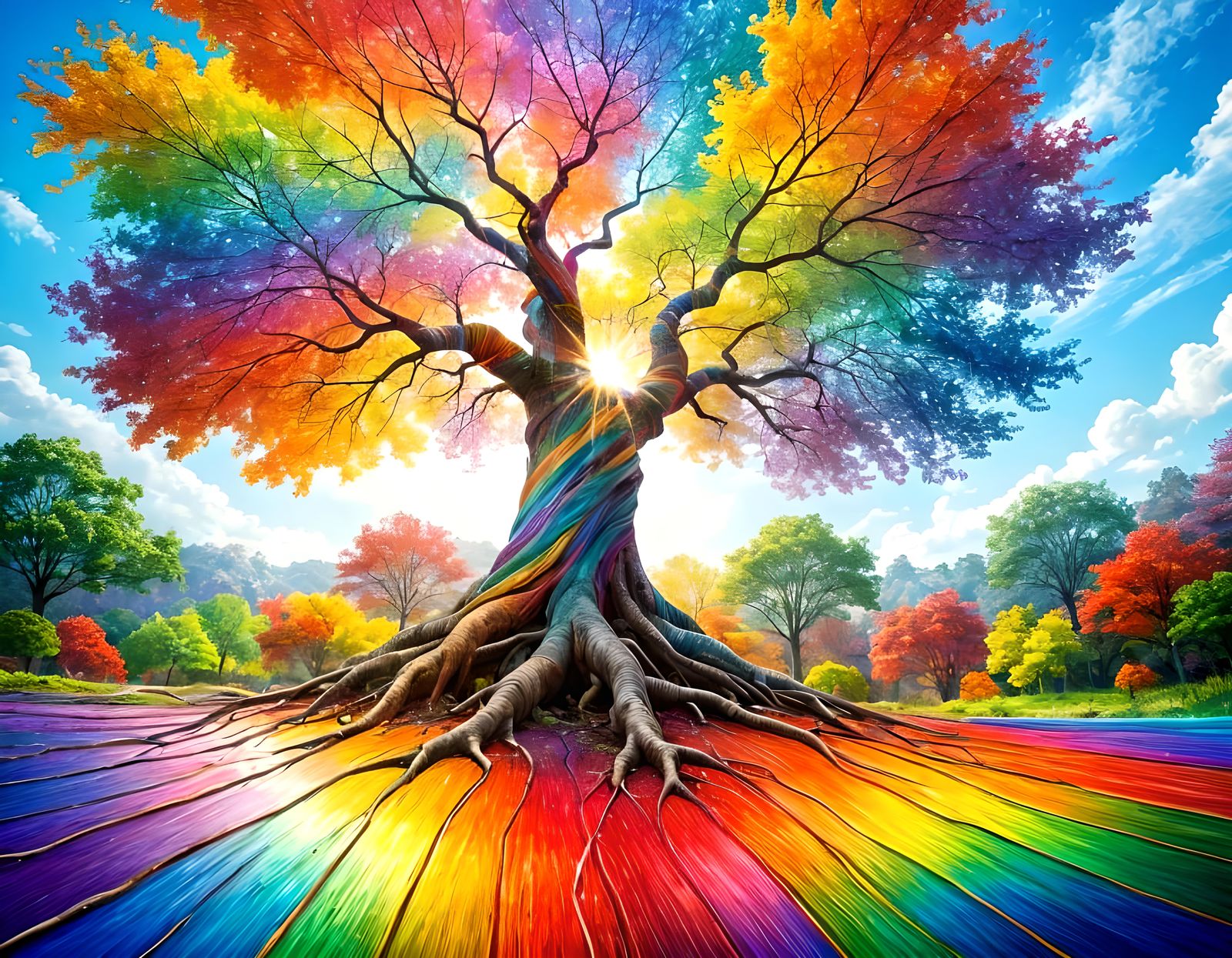 Ethereal Rainbow Tree: Vivid Hyperdetailed Painting