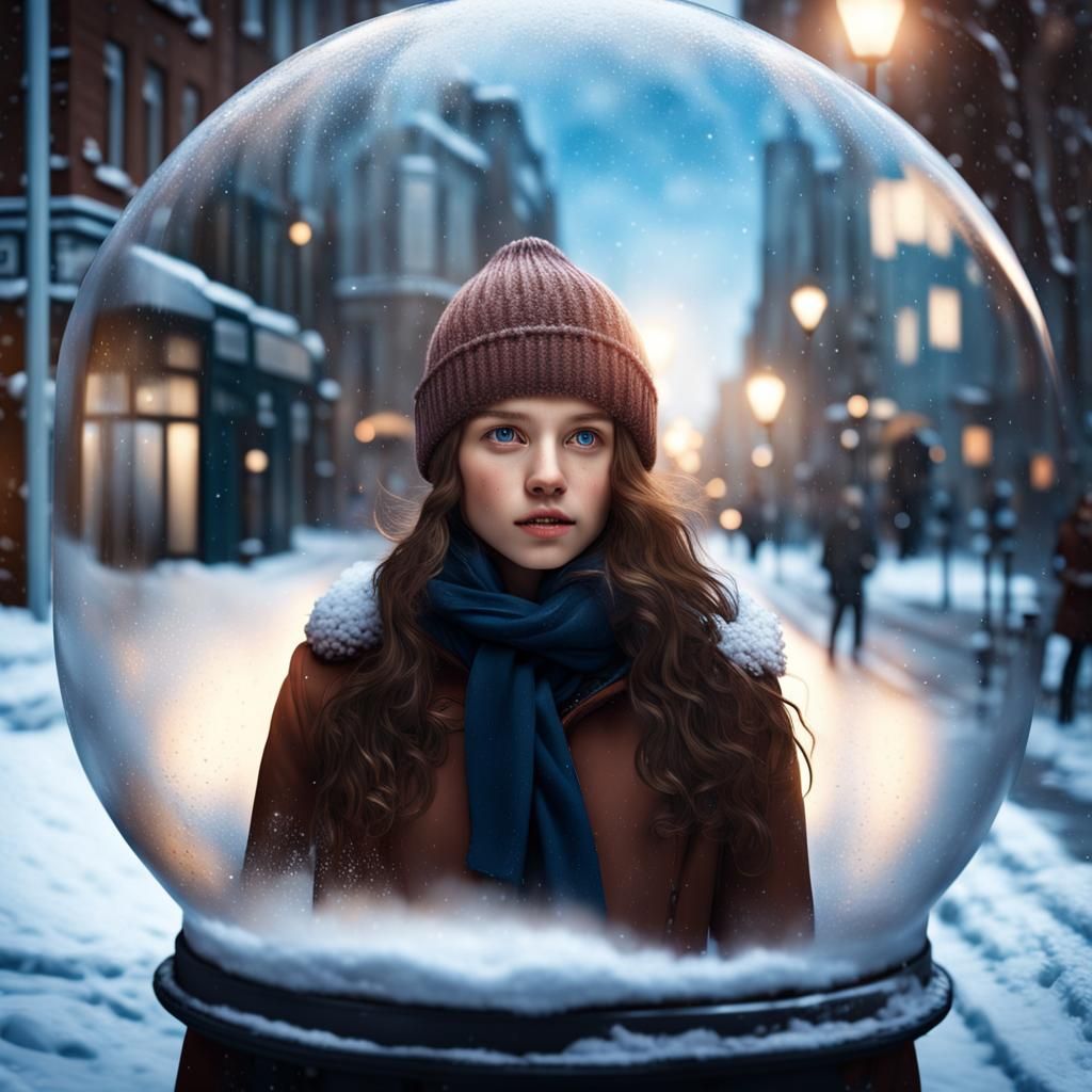 Girl in Snow Globe: 4K Ultrarealistic Winter Scene