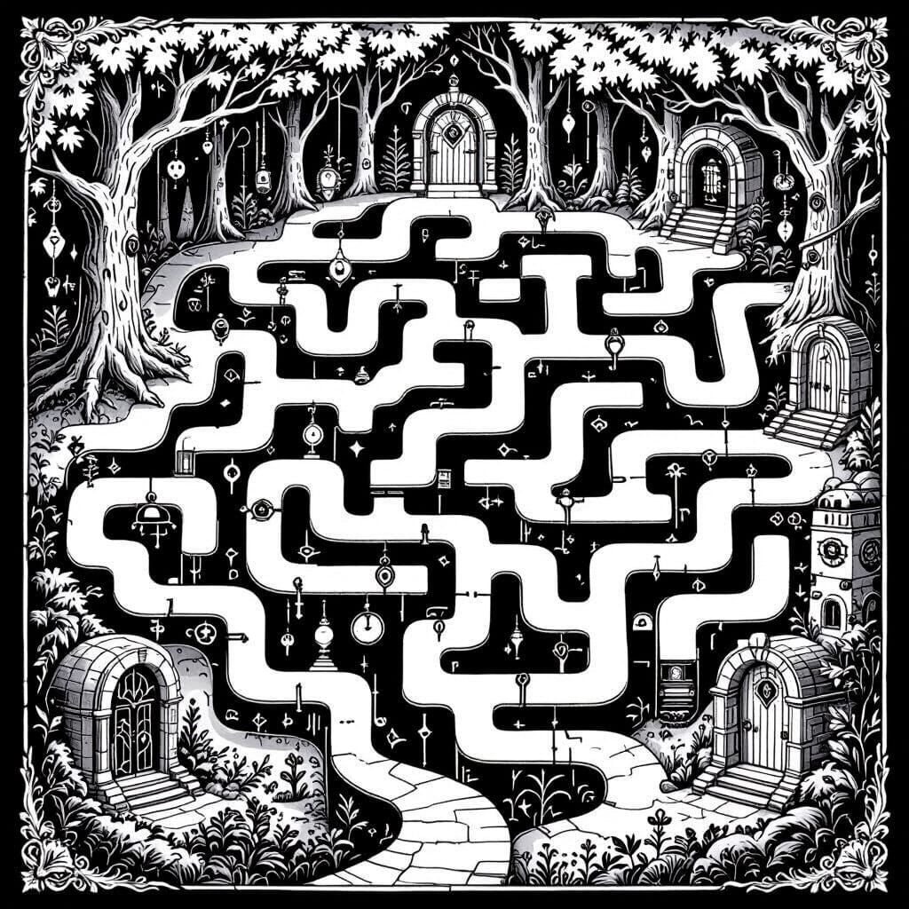 Enchanted Forest Maze for Young Adults in Line Art Style
