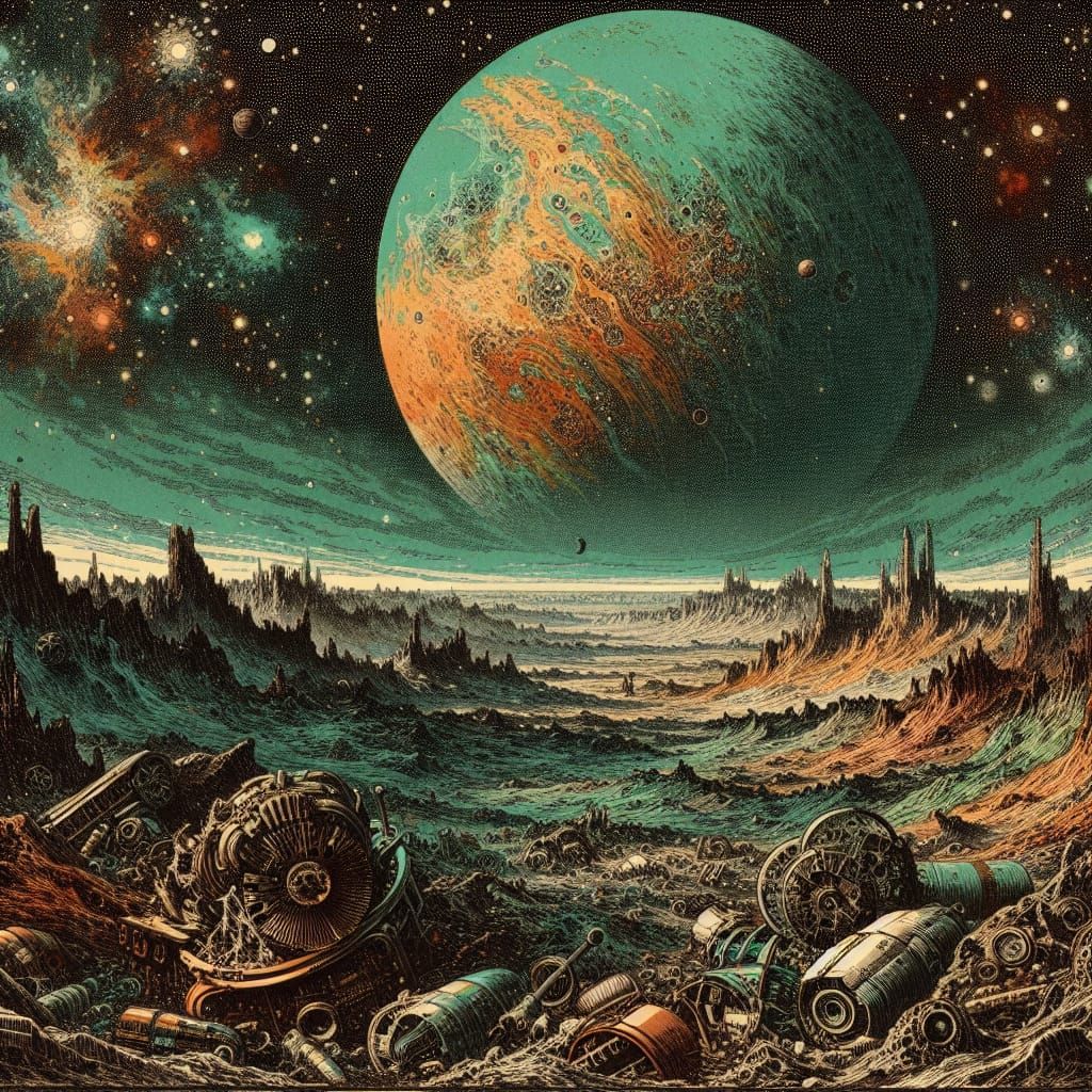 Exoplanet Spaceship Junkyard in Romantic Style