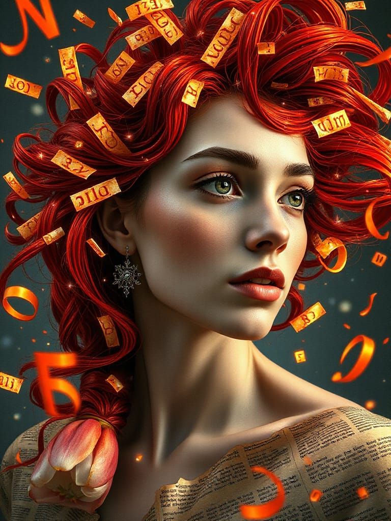Surreal Portrait: Woman with Hair of Glowing Letters