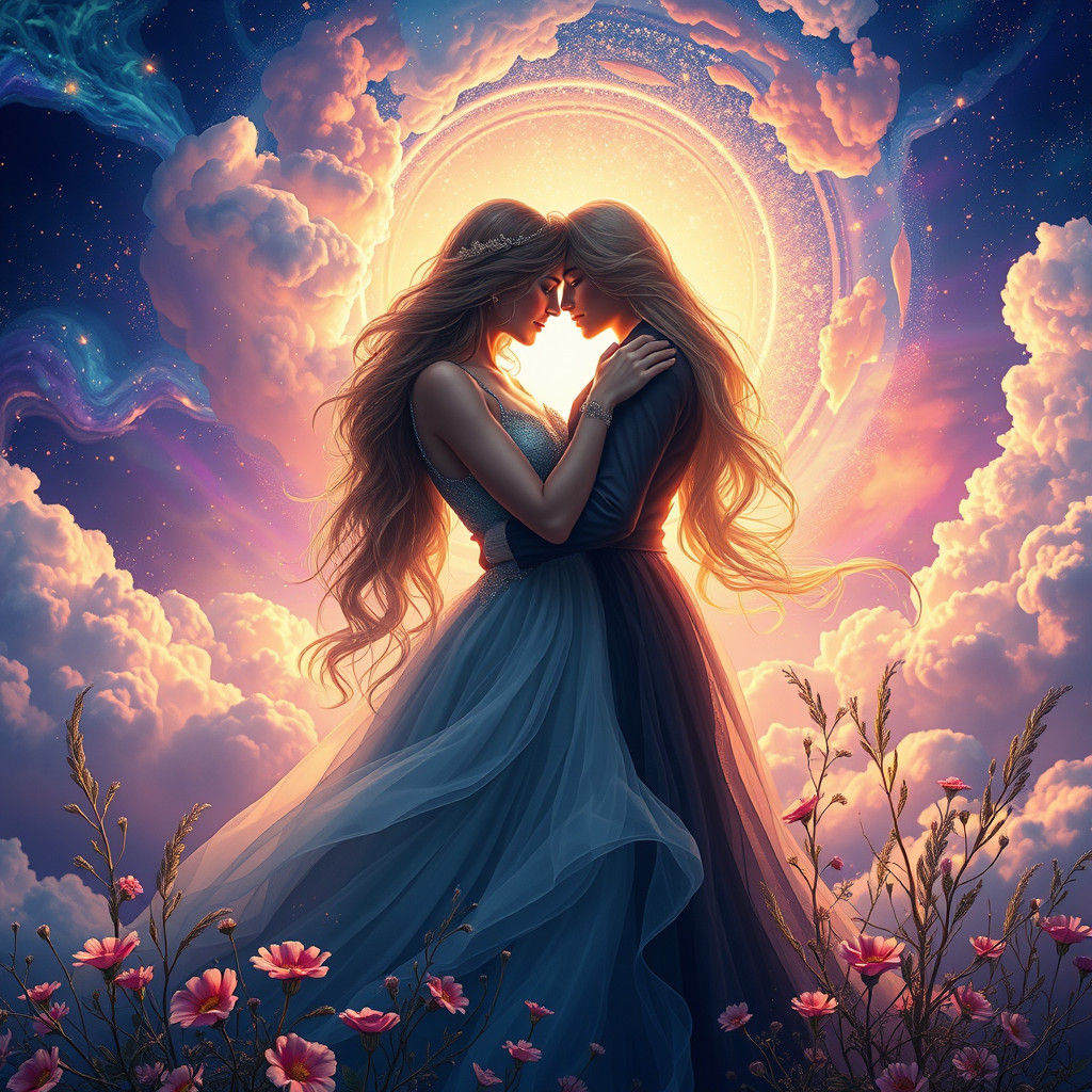 Ethereal Lovers Embrace in Dreamlike Realm