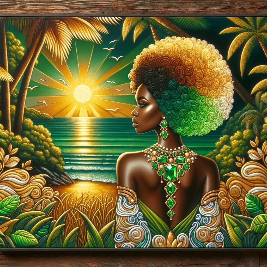 Elegant Woman Gazing at Sunrise: Oil and Chalk Art