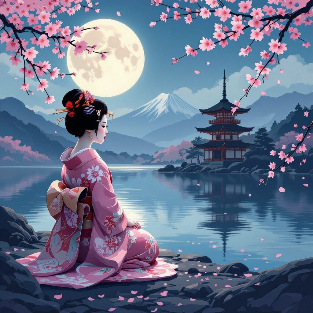 Geisha Contemplating Lake Under Full Moon in Digital Paintin...