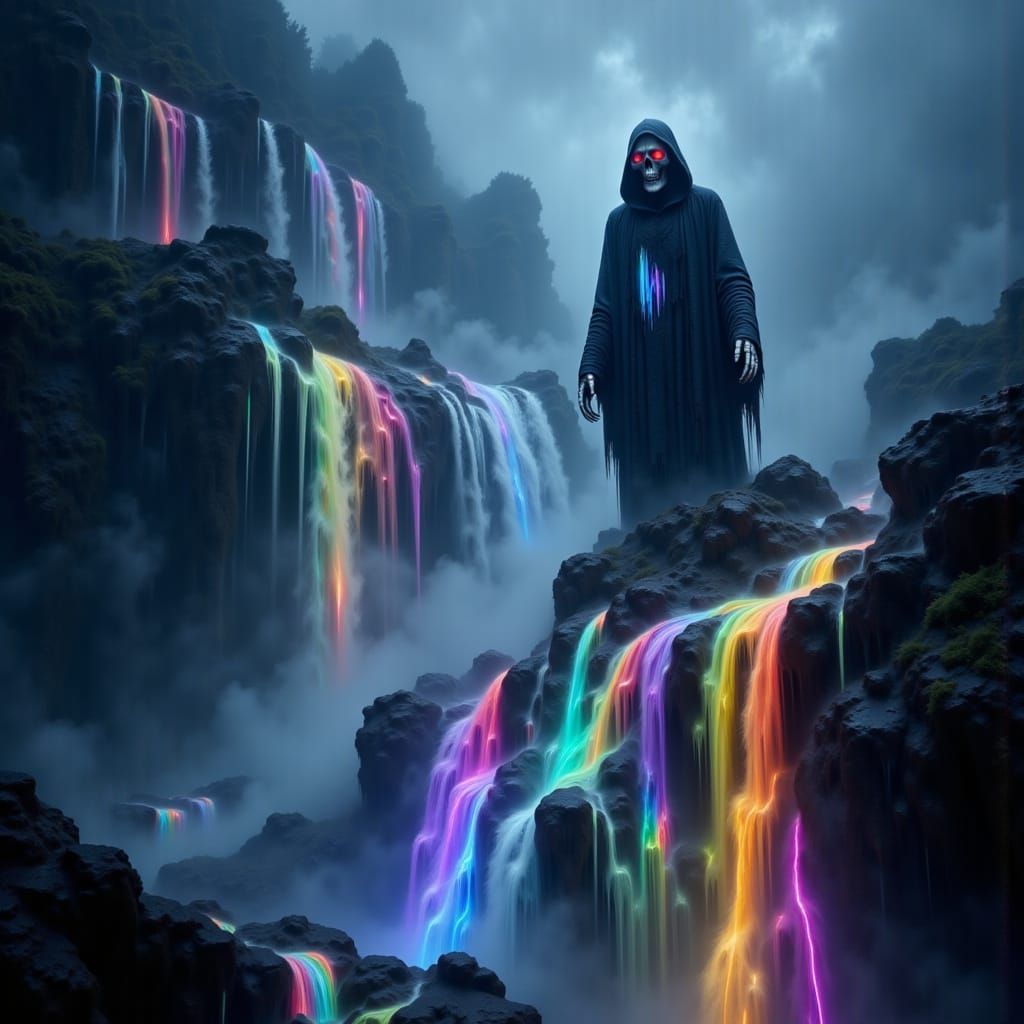 Ethereal Grim Reaper Ascends Prismatic Waterfall in Vibrant,...