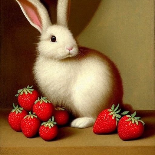 Fluffy Rabbit in Strawberry Patch: Baroque Painting
