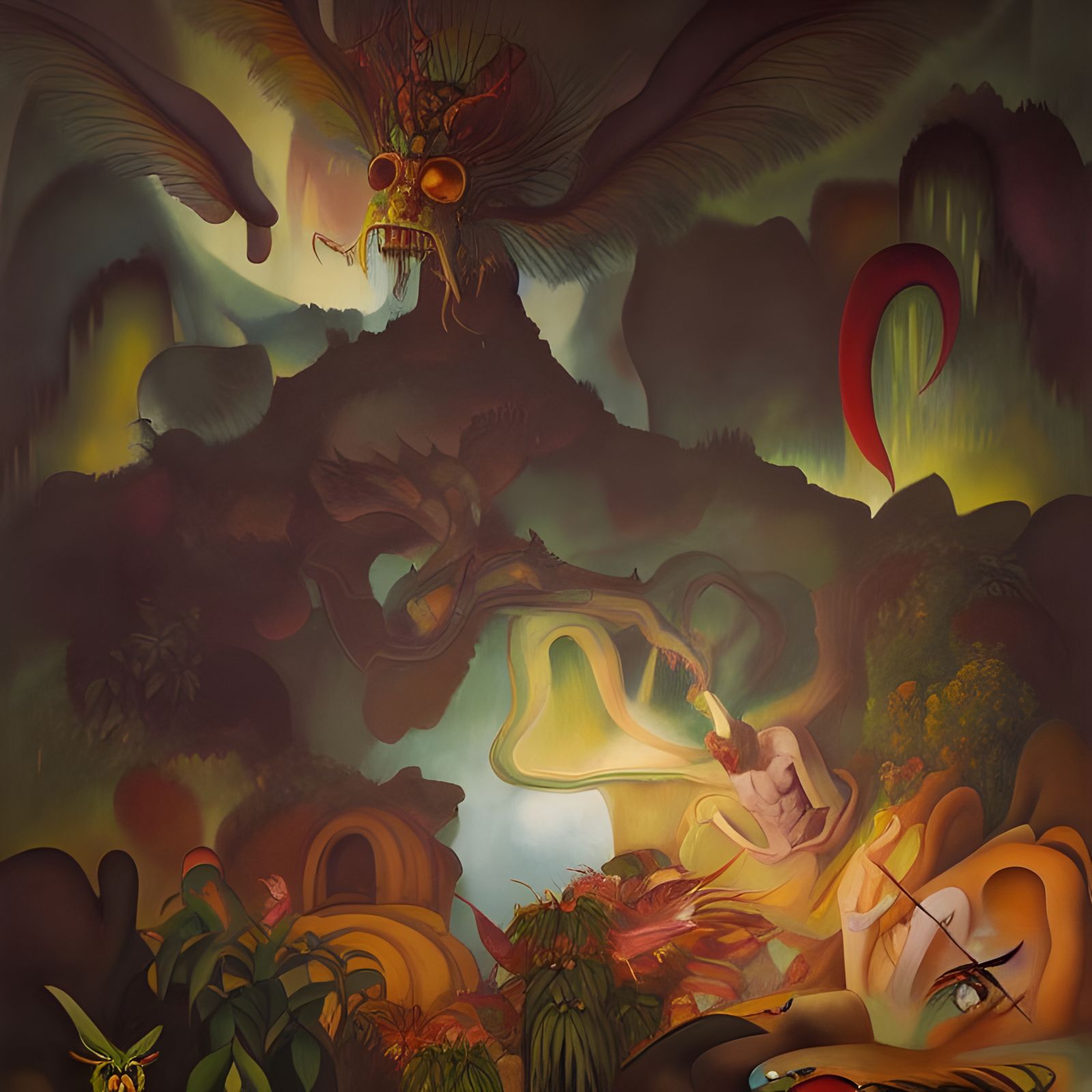 Surreal Grotto Scene with Green Demon in God Rays