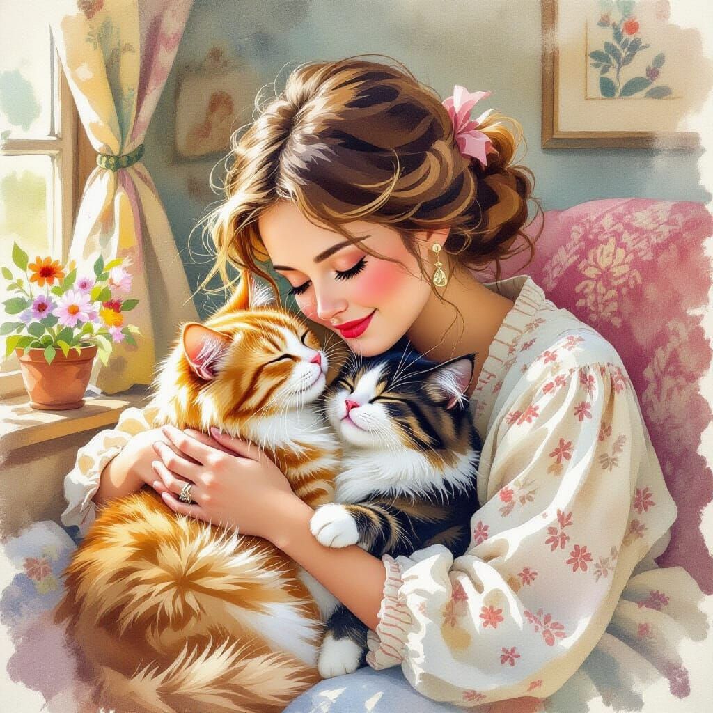 Woman Enjoys Affectionate Moment With Her Cat