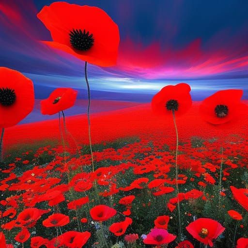 Surreal Poppy Garden in Digital Pop Art Style