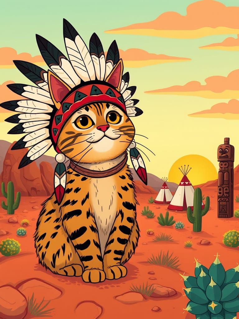 Tabby Cat in Feather Headdress, Whimsical Illustration