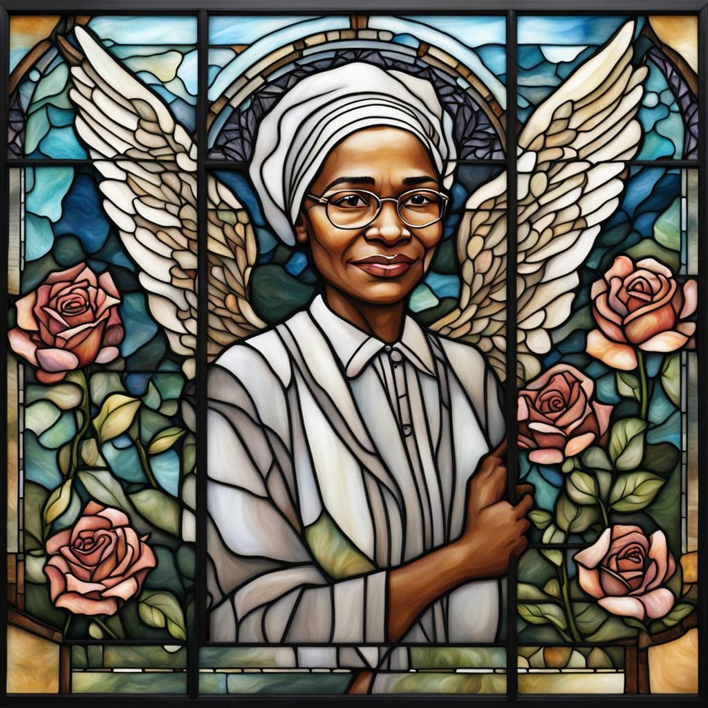 Rosa Parks as Guardian Angel in Stained Glass Style
