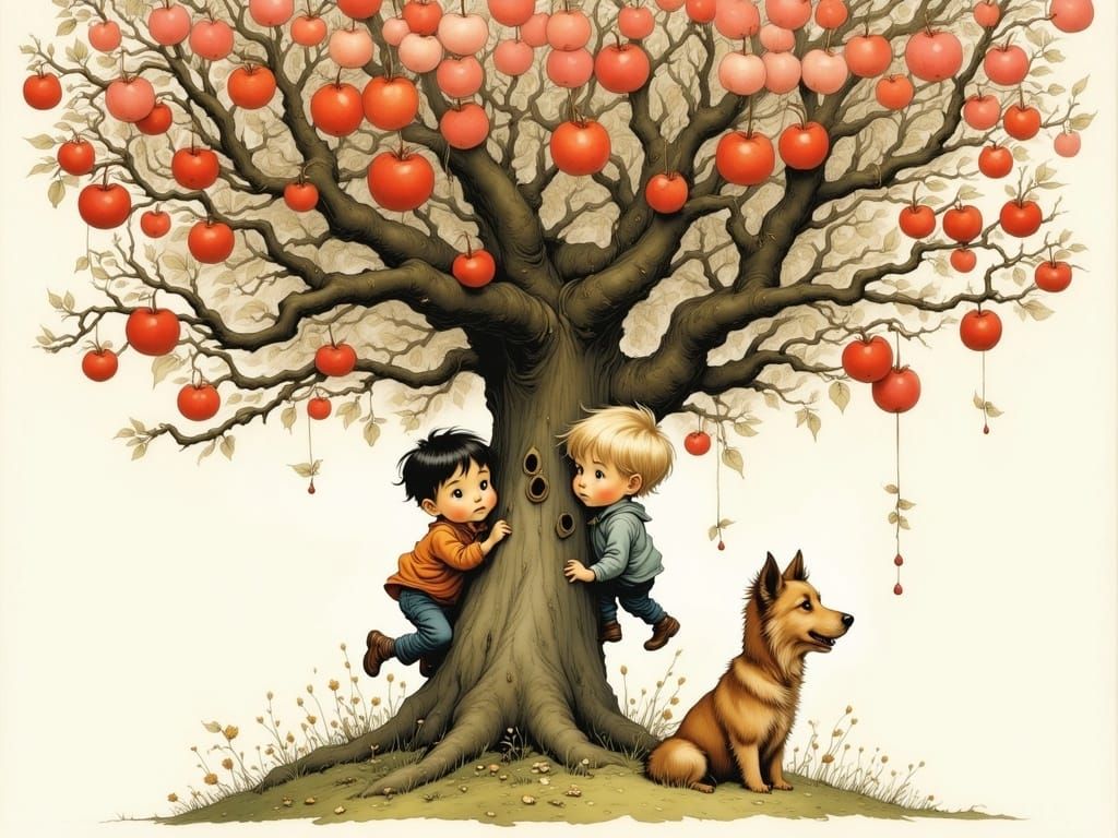 Boys in Apple Tree, Whimsical Watercolor Style