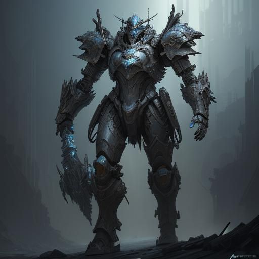 Aetherpunk Mech Warrior in Dark Fantasy Style