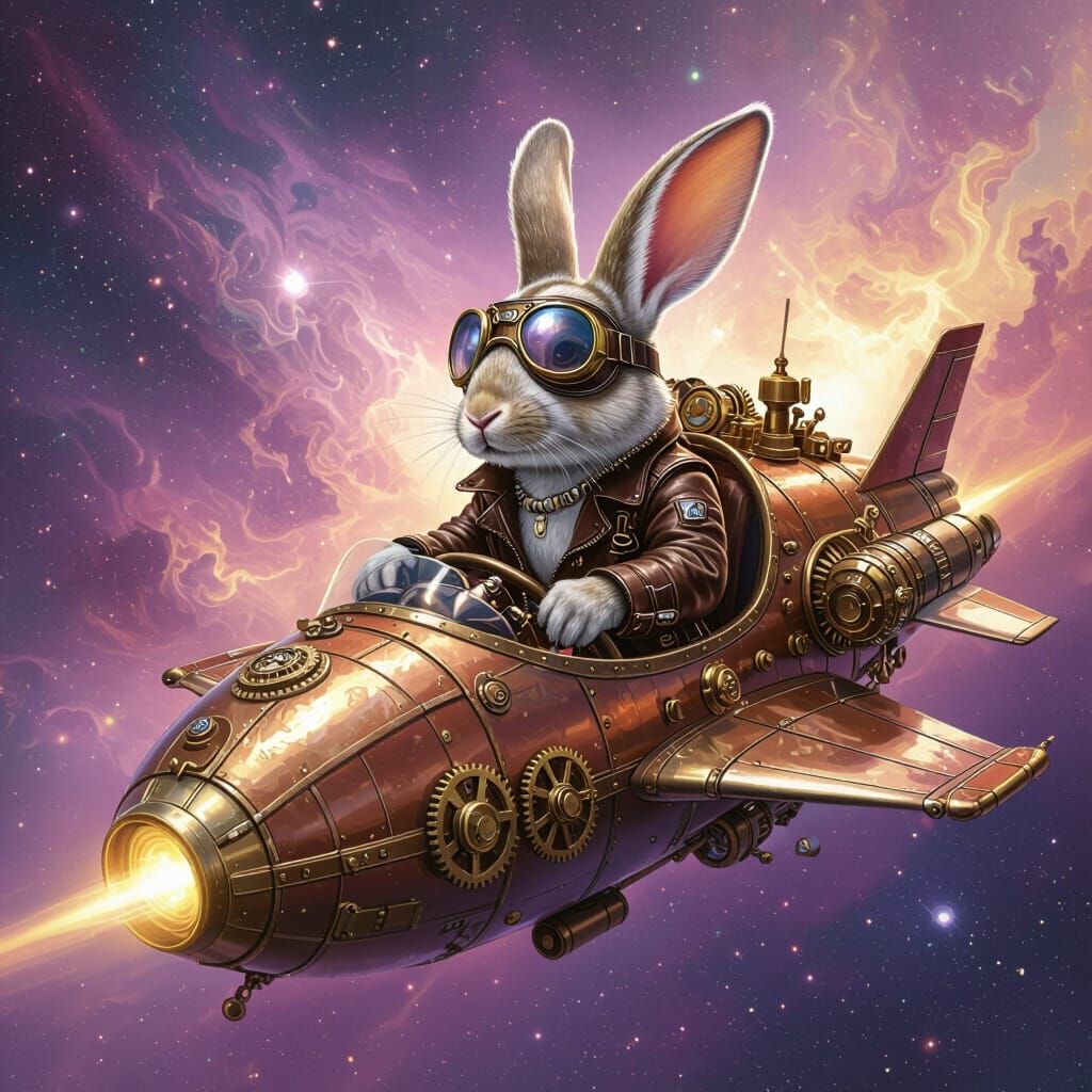 Steampunk Rabbit Pilot in Nebula Dreamscape