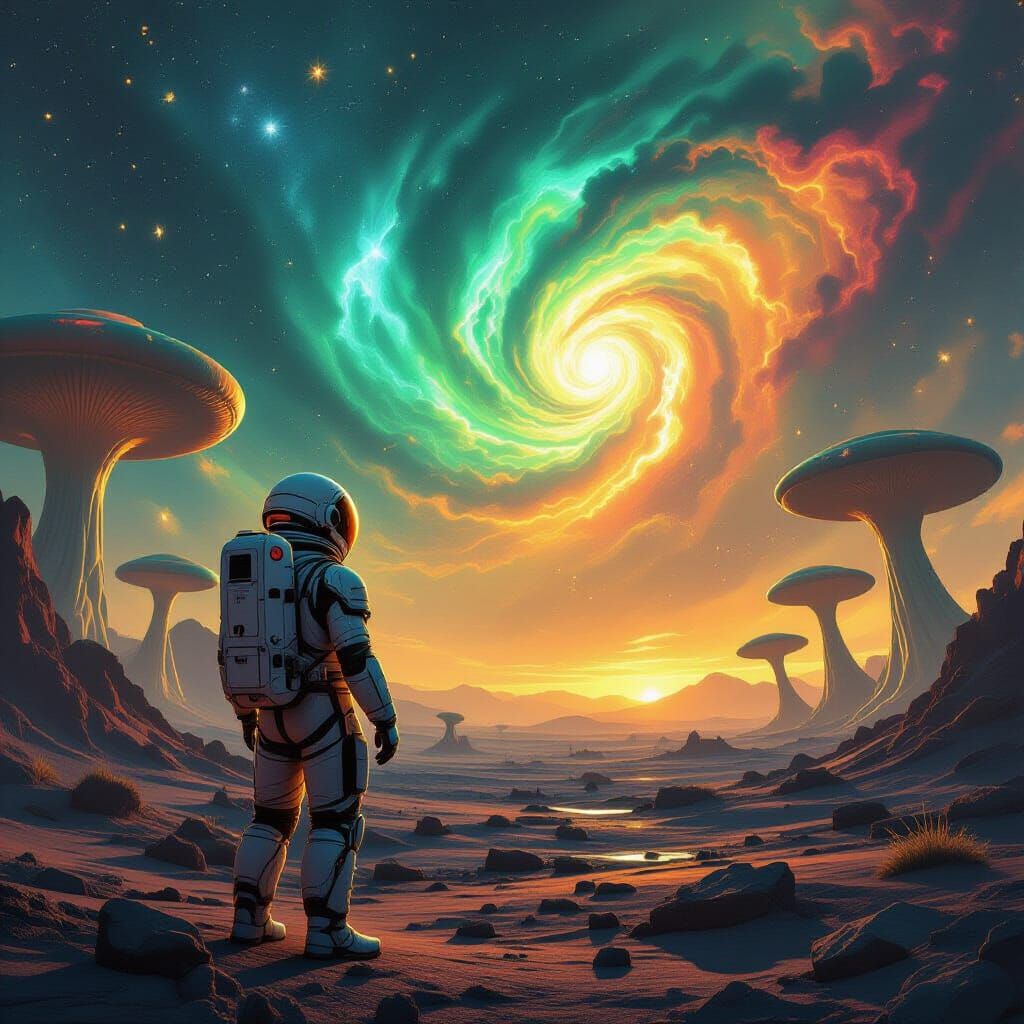 Astronaut on Bioluminescent Mushroom Planet with Nebula