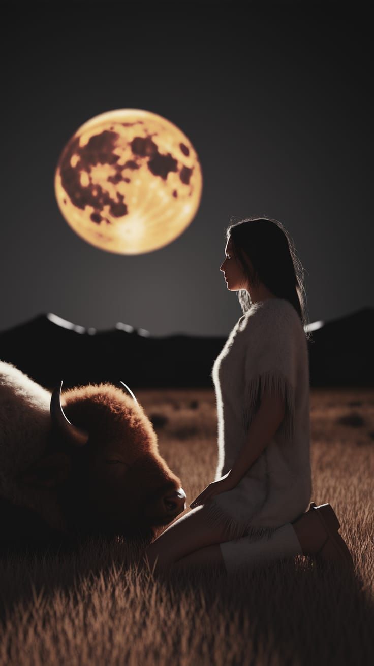Moonlit Plains Prayer: Native American Woman and Buffalo