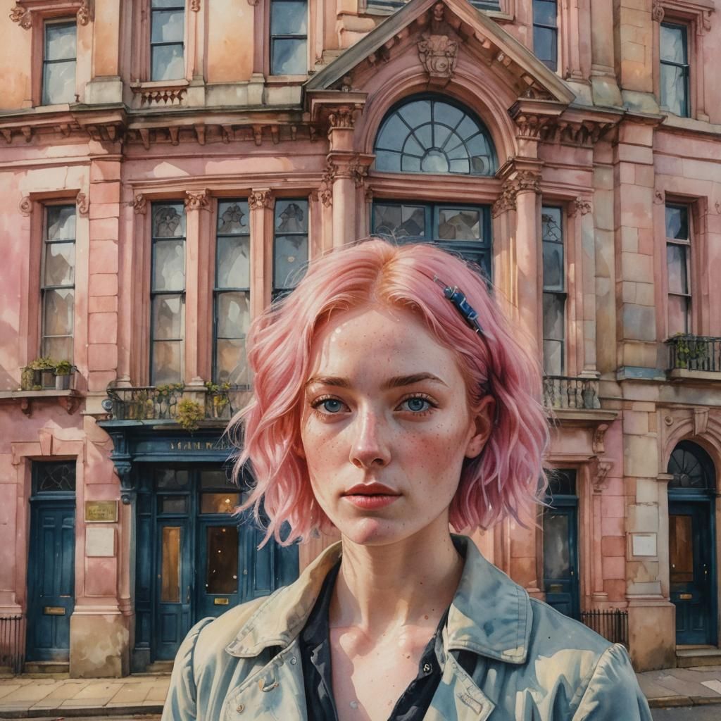 Pink-Haired Woman in London, Watercolor and Oil Art