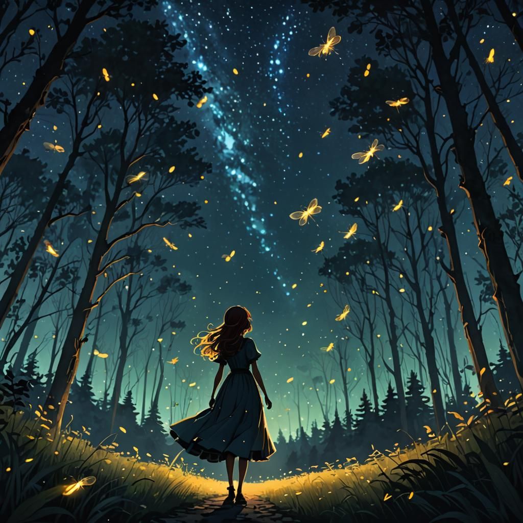 Girl in Forest Clearing Surrounded by Fireflies