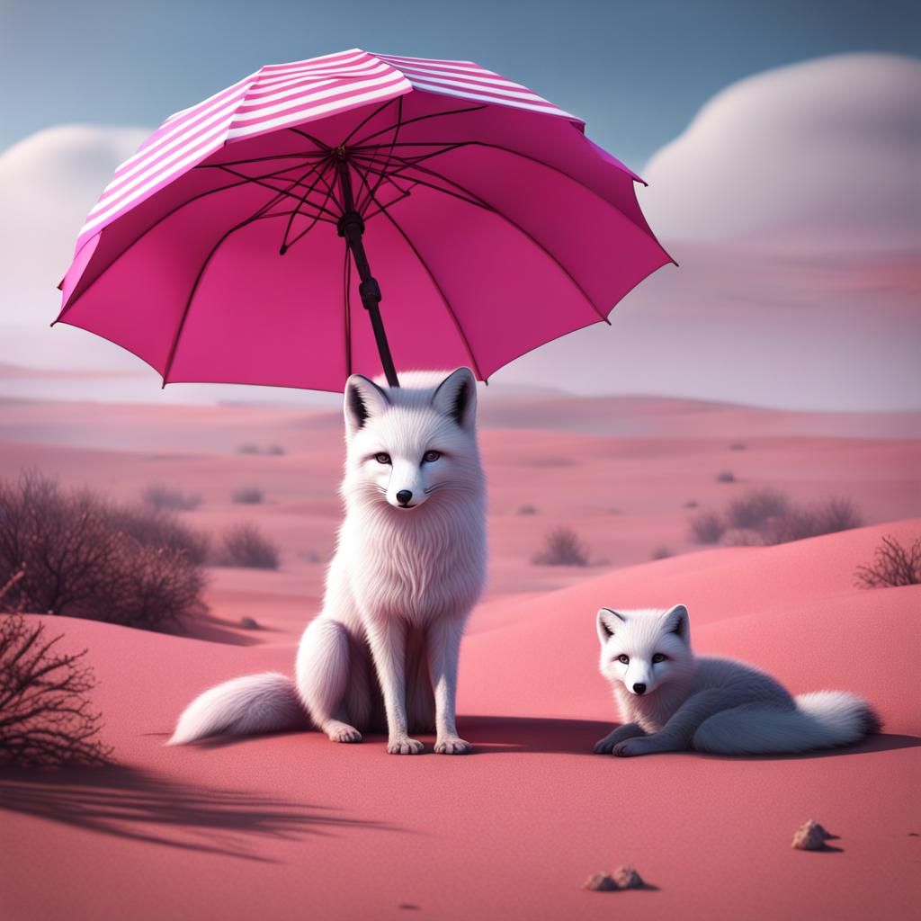 Desert Fox Finds Striped Umbrella, Detailed Matte Painting