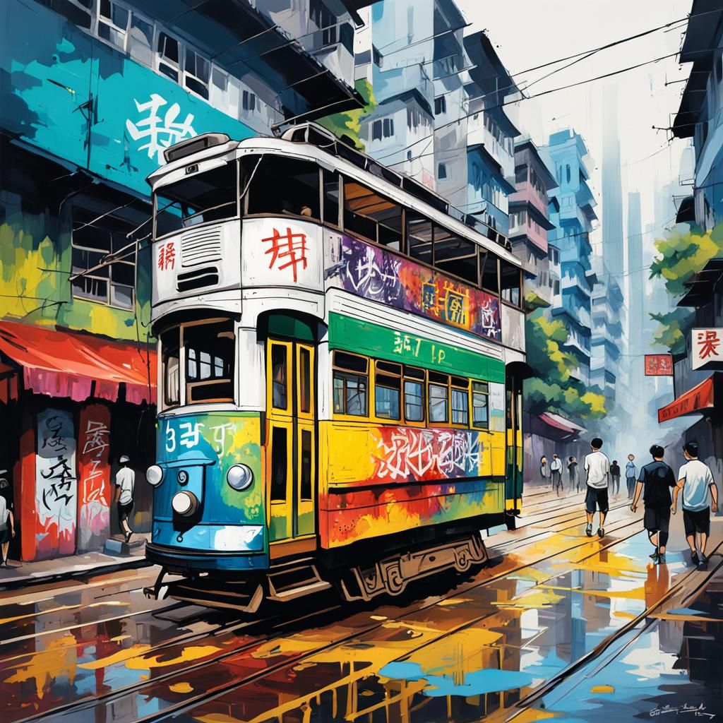 Hong Kong Tram in Graffiti Splash Art Style