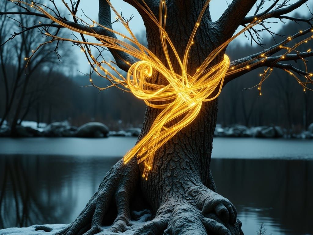 Demon Sculpture Bound by Glowing Cables in Winter Night