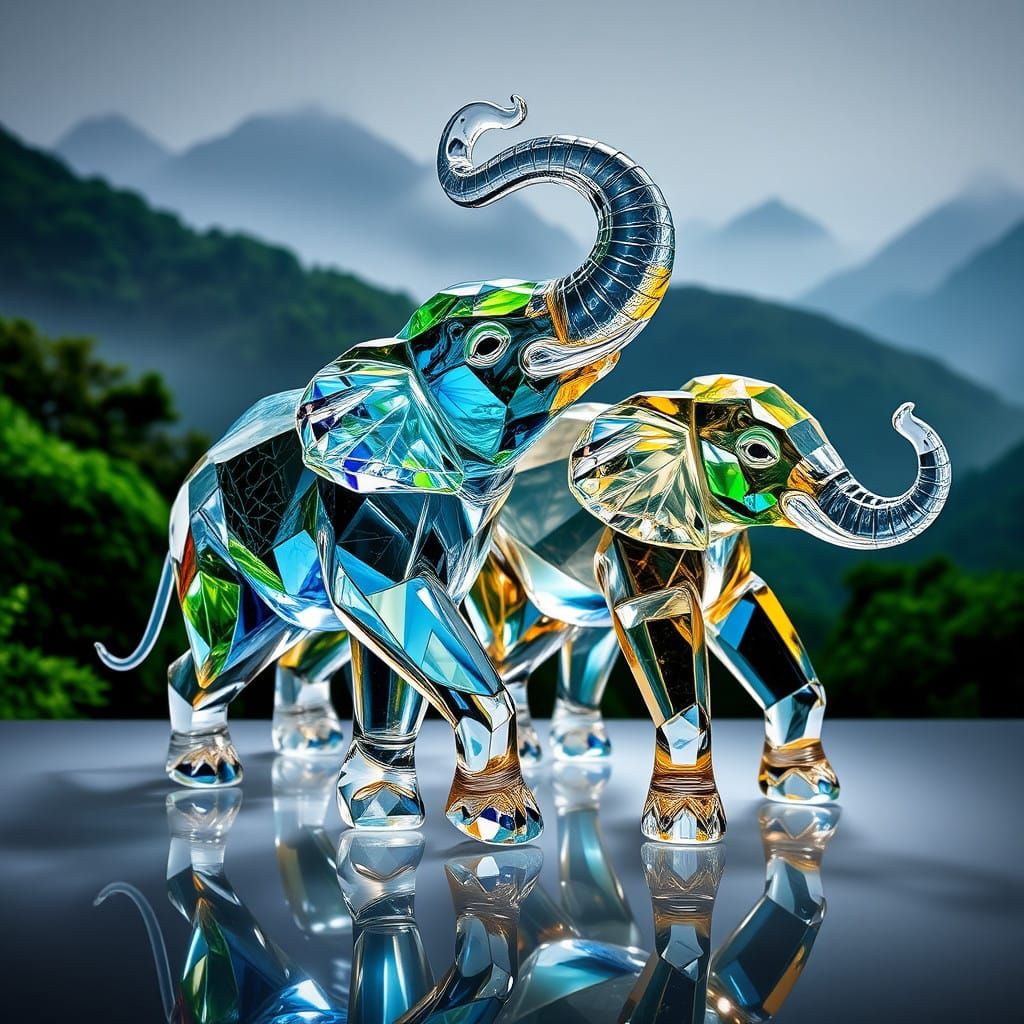 Crystal Glass Elephants Dance in Emerald Forest
