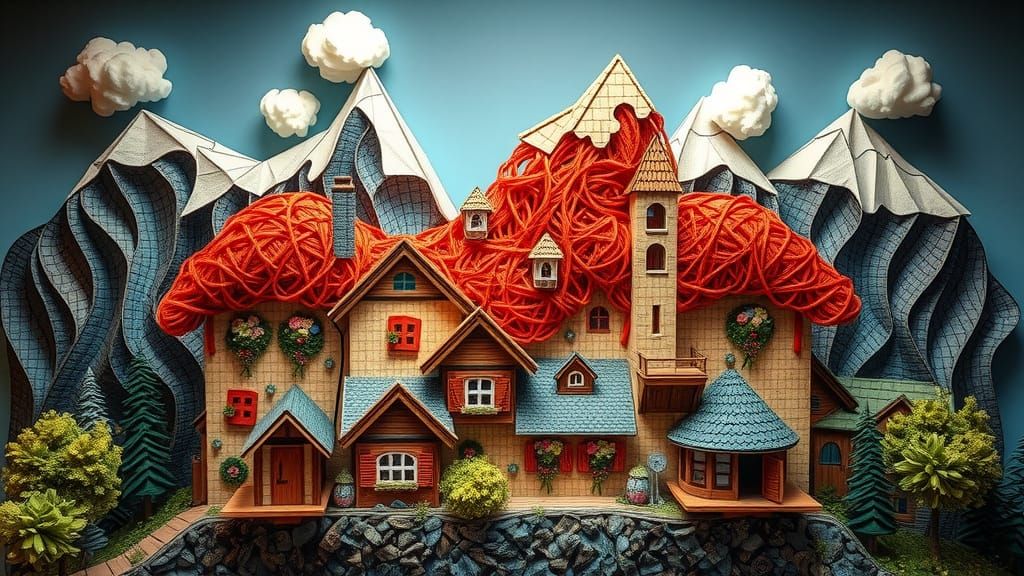 Surreal Alpine Village Sculpture in Mixed Media