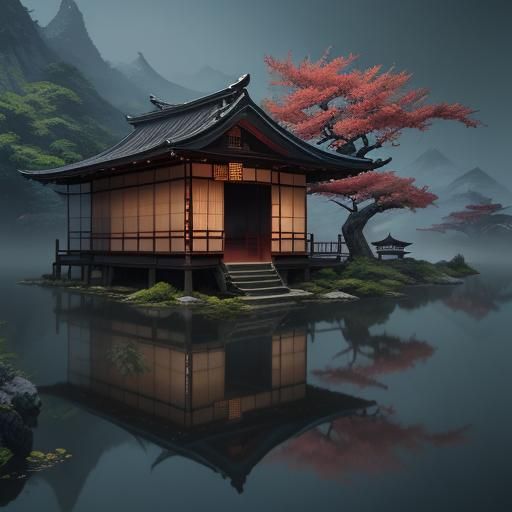 Old Japanese Tea House in Detailed Matte Painting Style