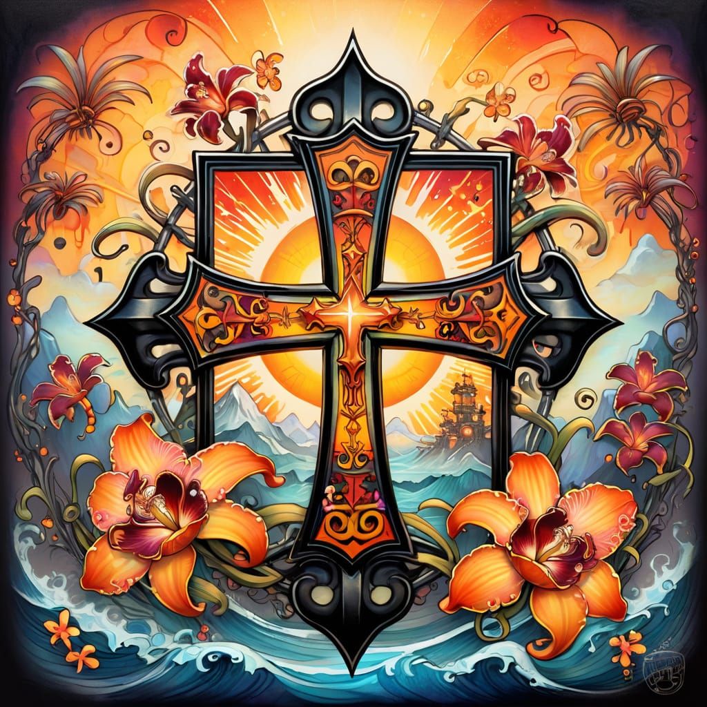 Vibrant Orchid Tattoo Design in Cel-Shaded Style