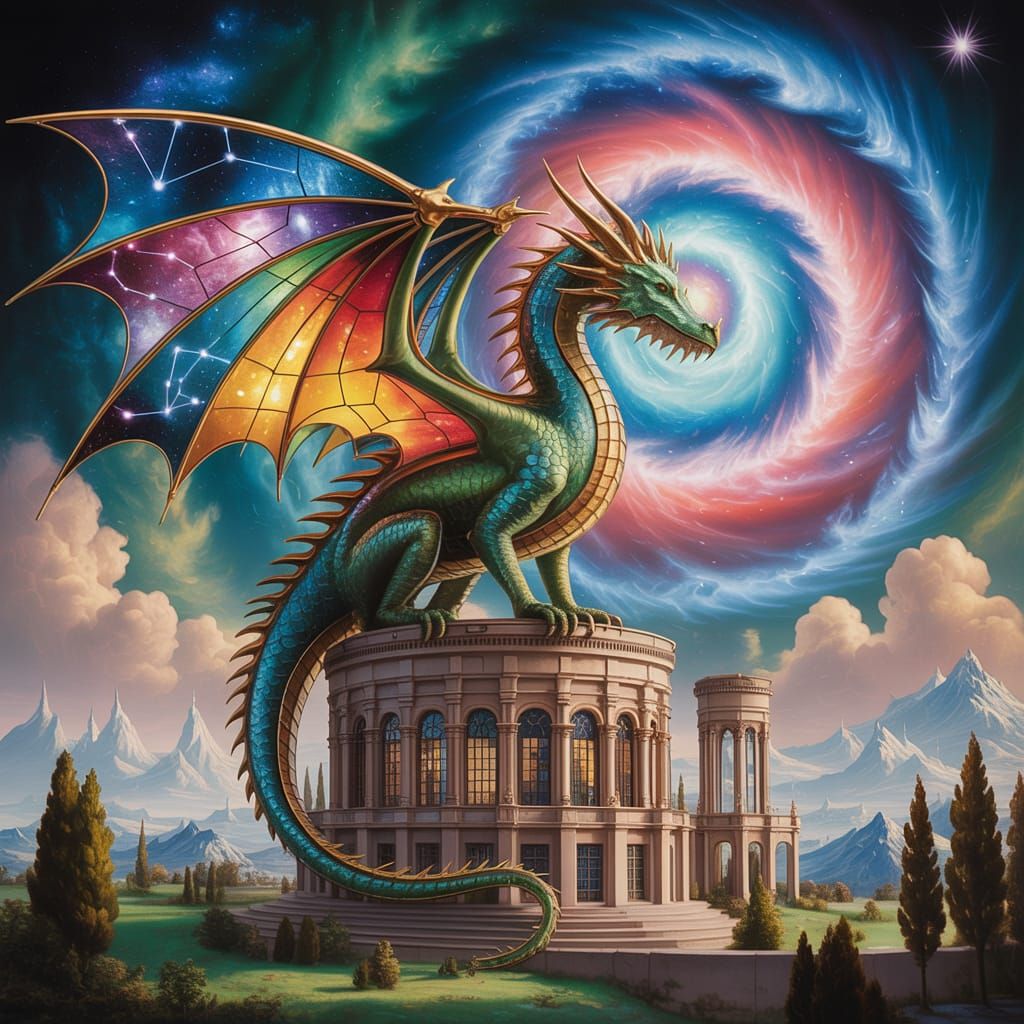 Stained Glass Dragon Gazing at Nebula