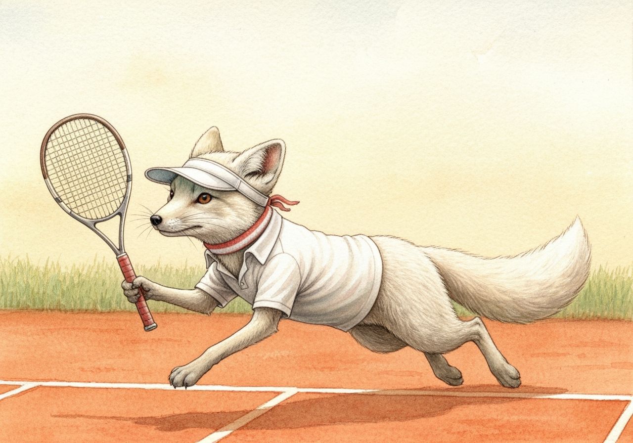 Arctic Fox Tennis Player in Watercolor Style
