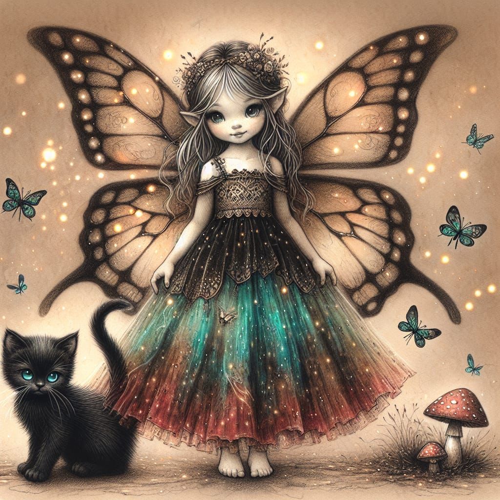 Charming Fairy and Kitten in Charcoal Style