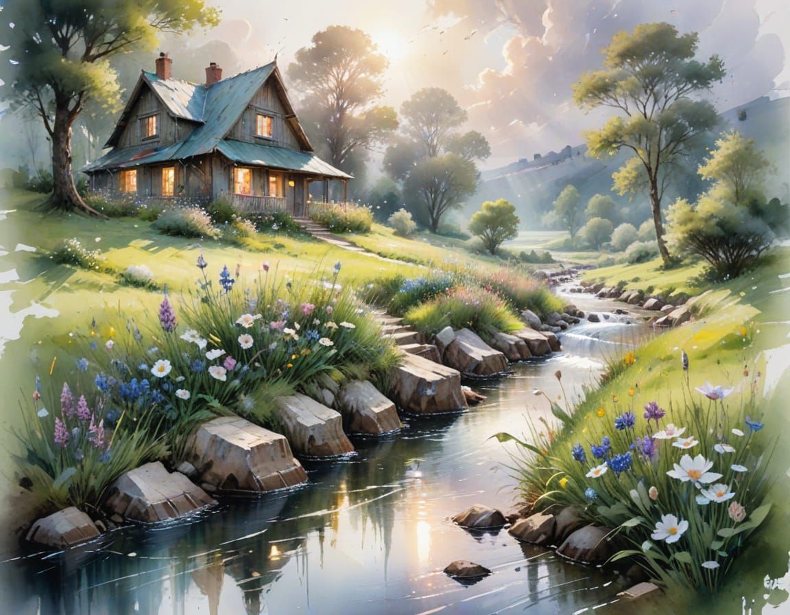 Hyper-Realistic Spring Meadow with Sparkling Stream