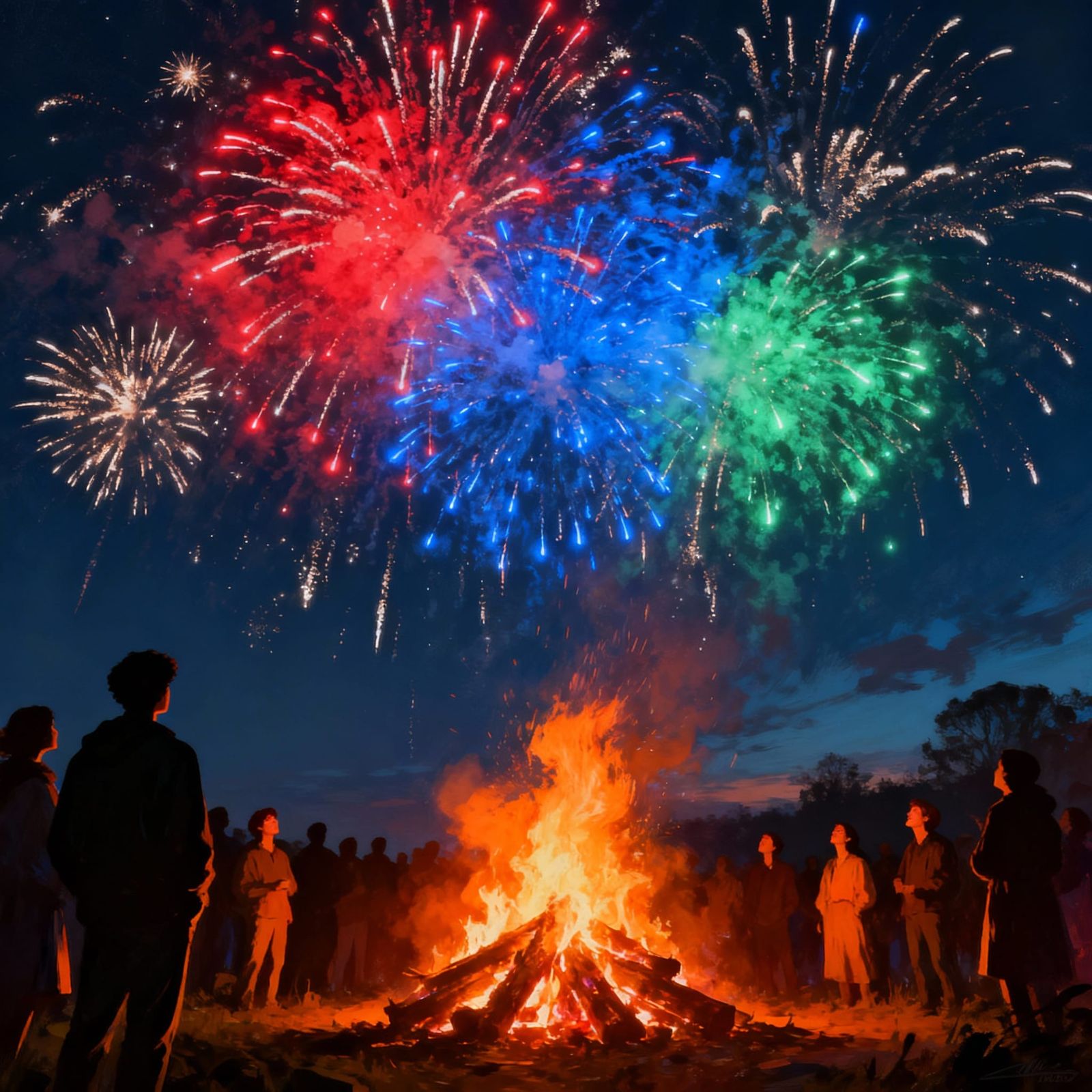 Vibrant Bonfire Night with Dazzling Fireworks