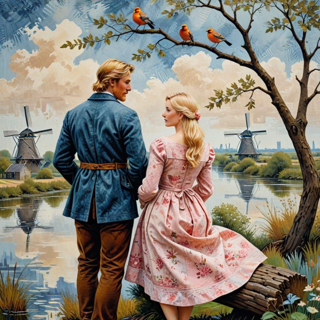 Dutch Lovers Admiring Birds in Batik Style