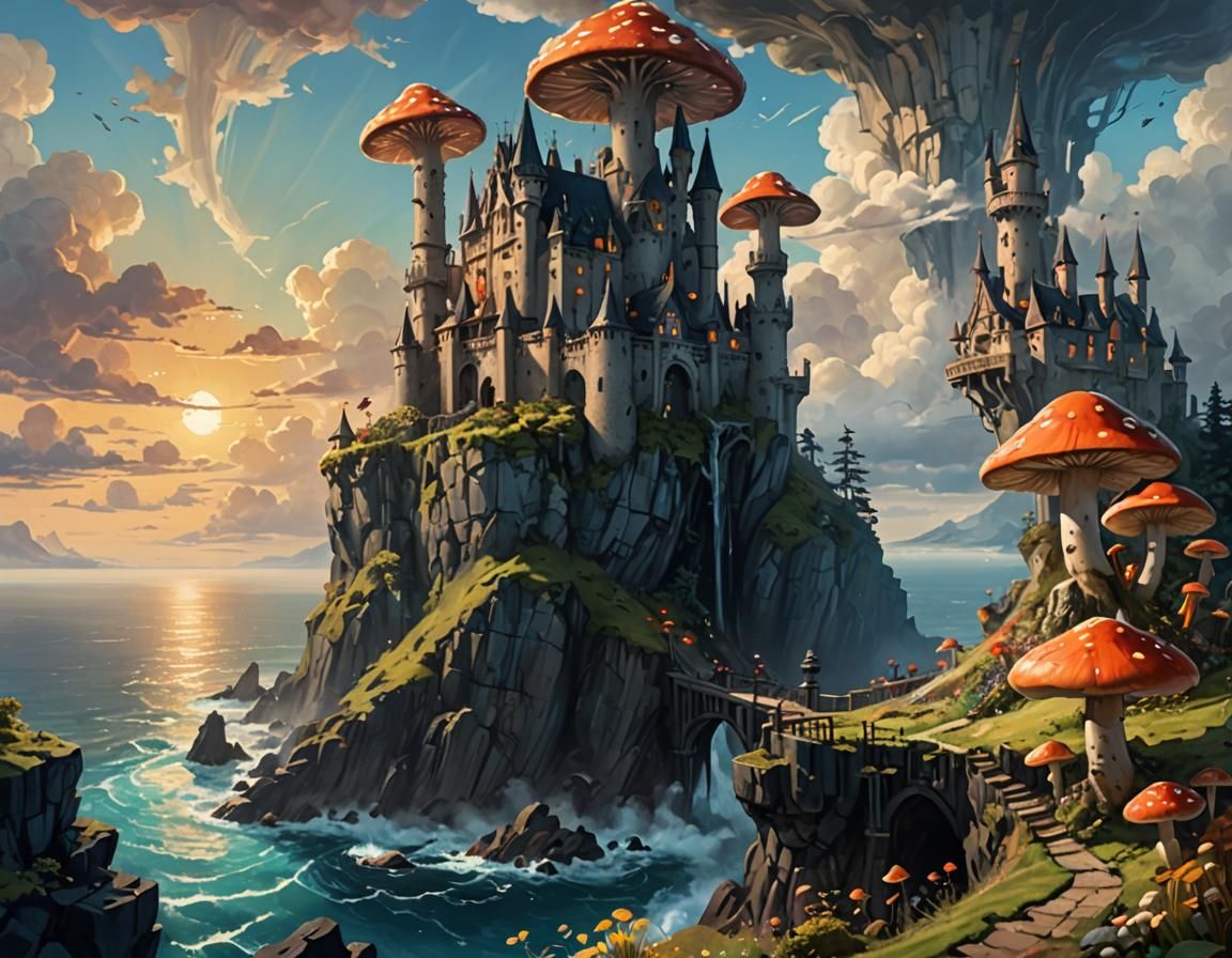 Mystical Mushroom Castle at Cliff Edge: Oil Painting