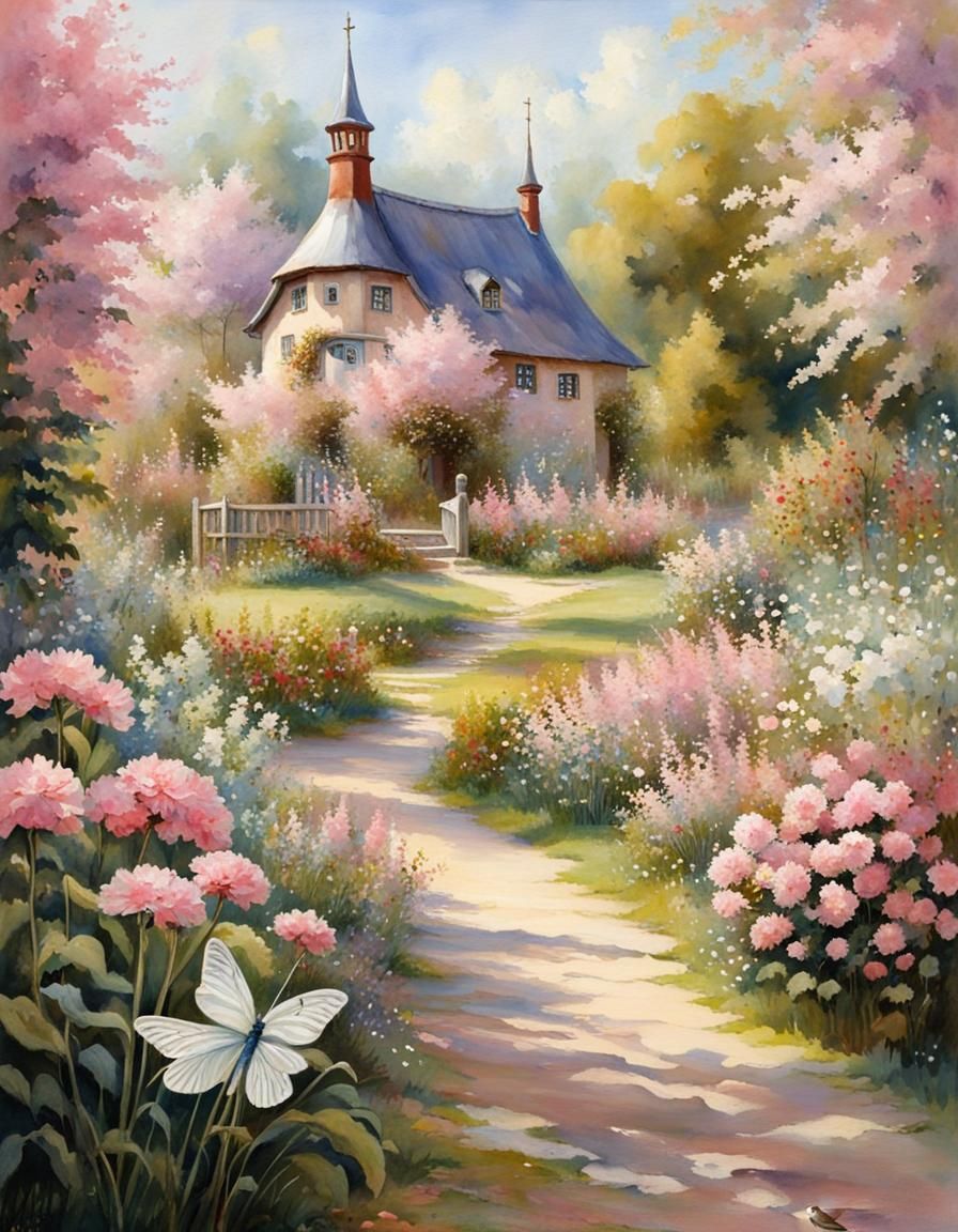 Fairytale Forest Garden Scene in Pastel Watercolor