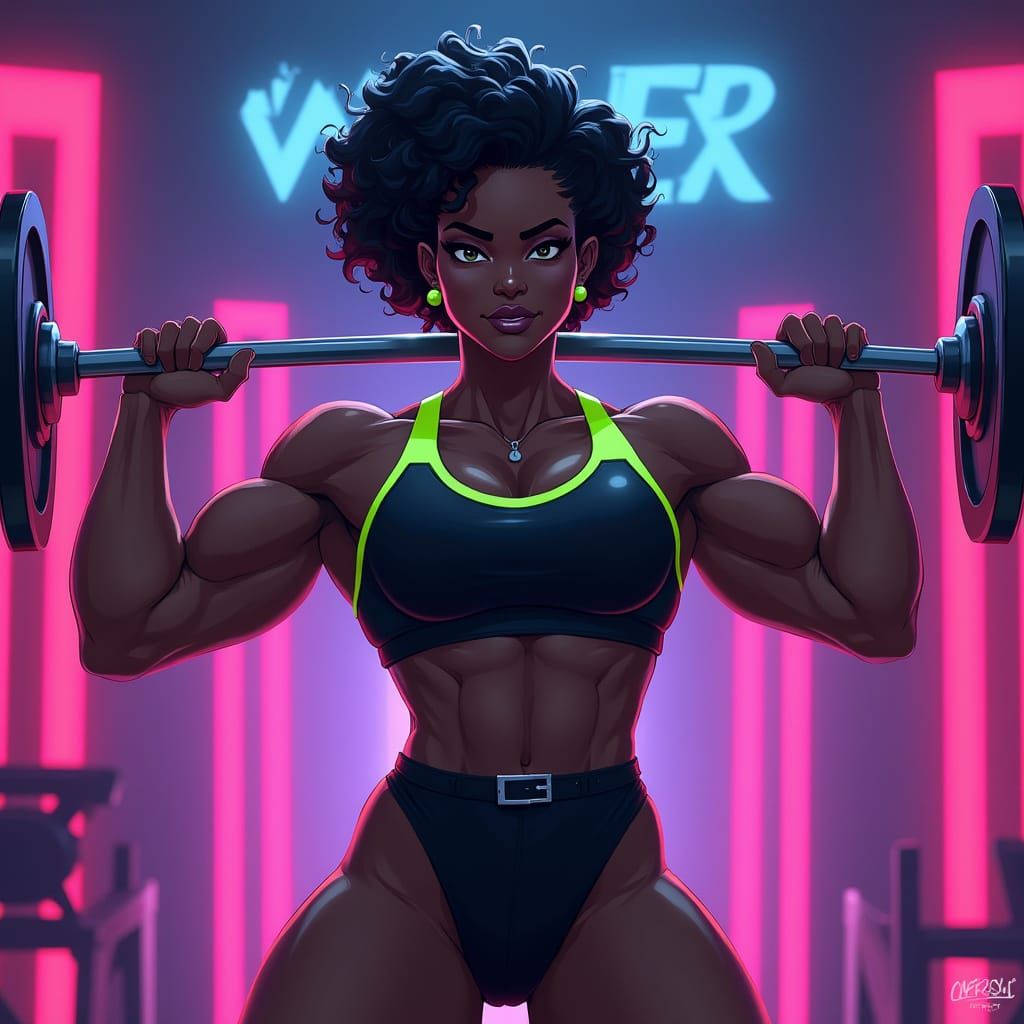 Strong Black Athlete Flexing Muscles in Neon-Lit Arena