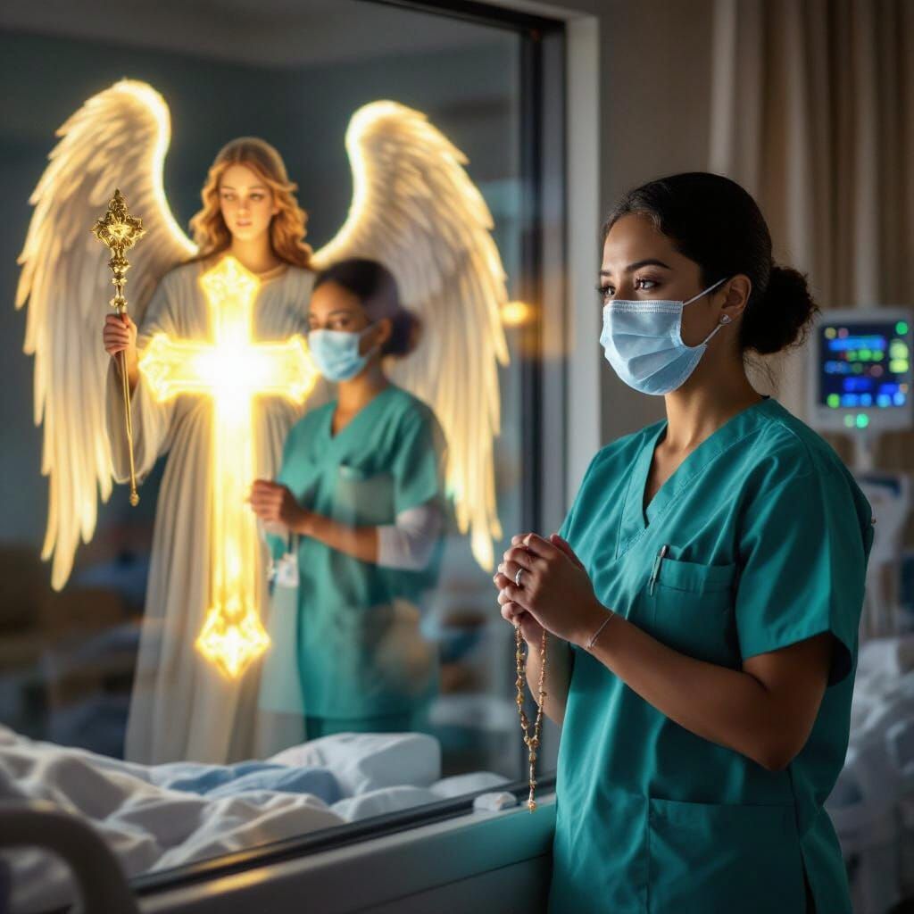 Angel and Nurse Beside Patient in ICU, Cinematic Realism