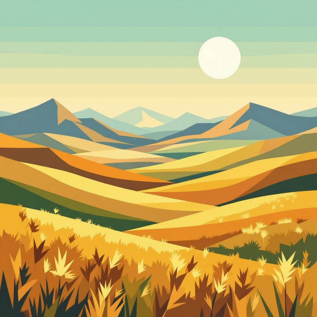 Geometric Kazakhstan Steppe Landscape in Abstract Art Style