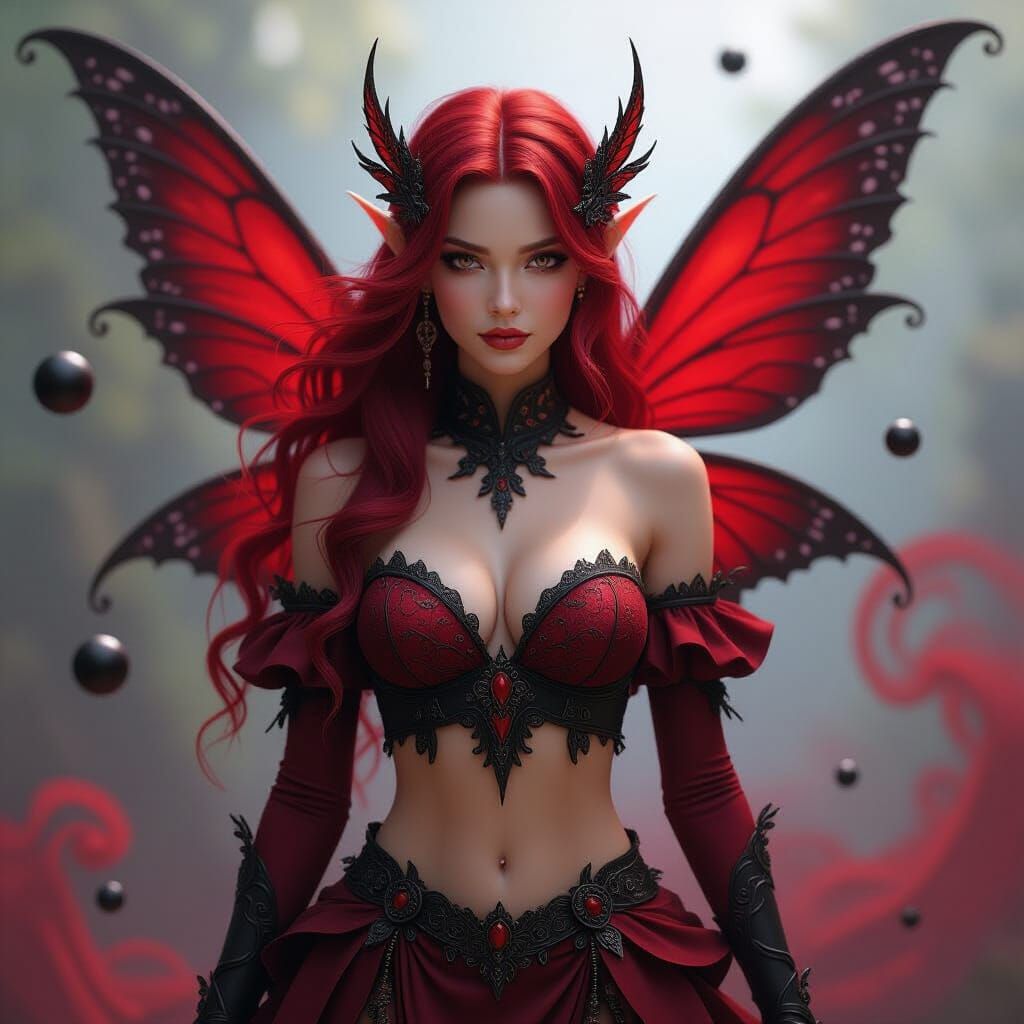 Detailed Fairy Amidst Red Smoke and Black Orbs