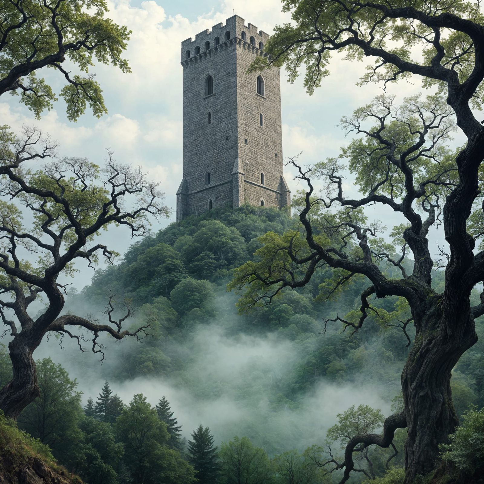 Medieval Stone Tower on Forested Hill Painting
