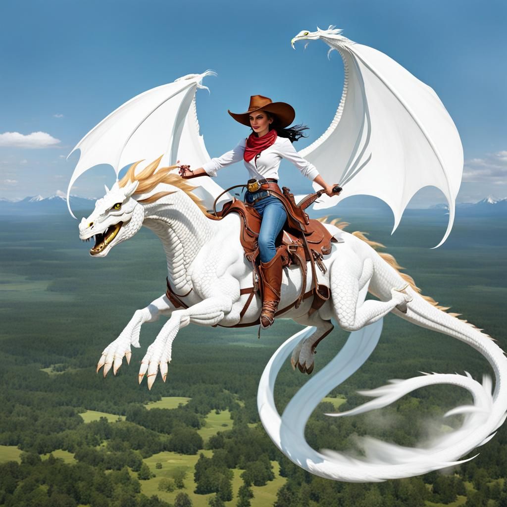 Cowgirl Rides White Dragon Fantasy Image