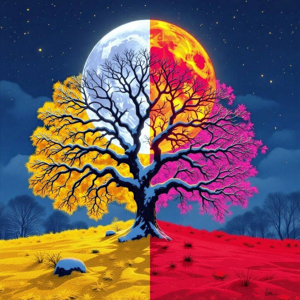 Four Seasons Tree Under Moonlight: Dark Fantasy Art