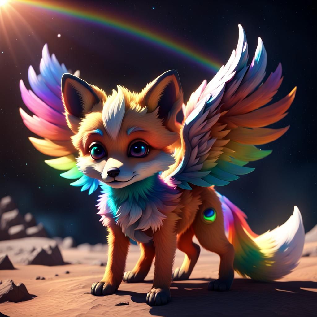 Rainbow Fox Pup in Solar Space: 3D Art