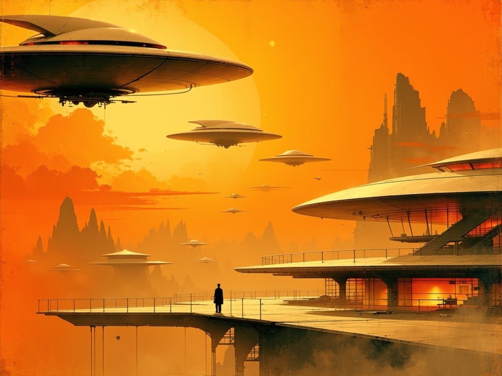 Retro Futurism Cityscape at Dusk in Orange Tones
